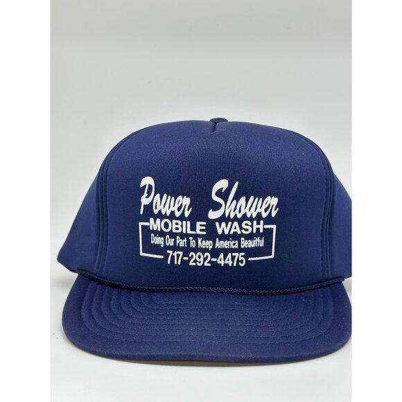 VTG Power Shower Mobile Wash Snapback Trucker Hat Navy Blue One Size Retro 70's - Picture 3 of 8